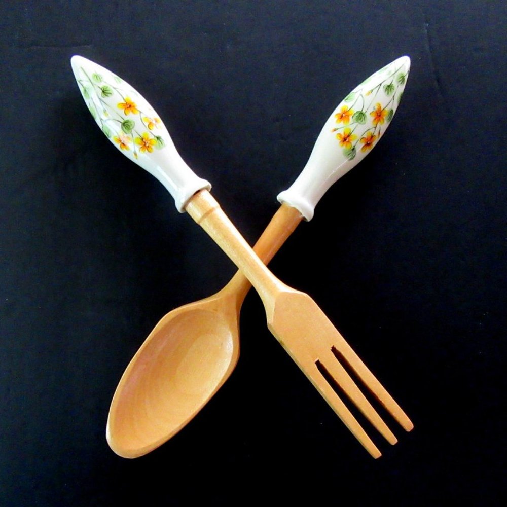 Ceramic & wood yellow floral fork and spoon salad serving pieces - Japan